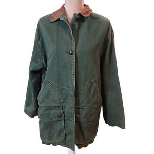 Vtg Green Canvas Barn Jacket Elbow Patches Plaid Lined Coat Womans  Medium -Read